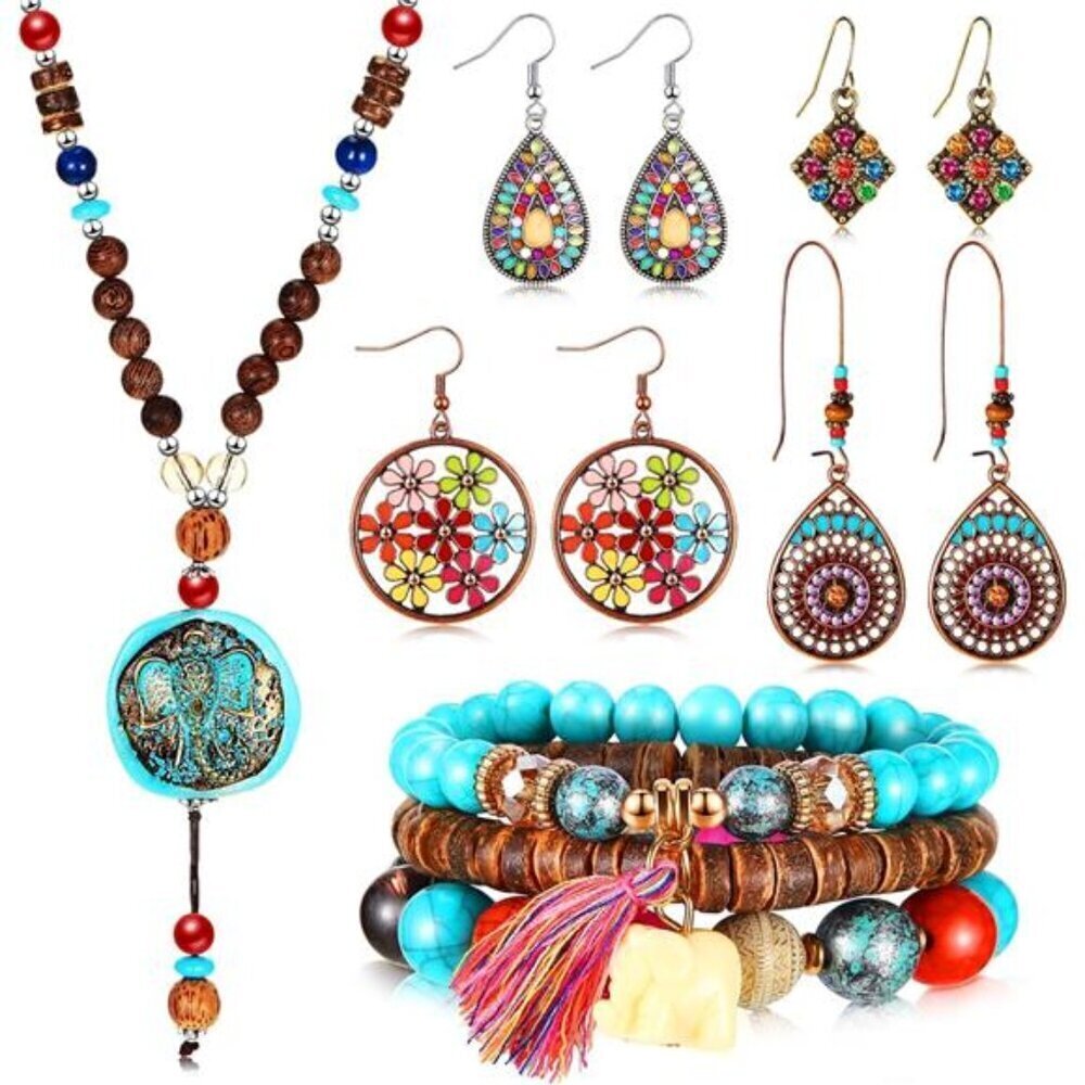 Boho Beaded Jewelry Set – Colorful Necklace, Earrings & Bracelet Collection